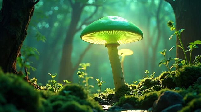 Bioluminescent green mushroom glowing brightly on a mossy forest floor creating a mystical and enchanted fairy tale scene in the deep woods