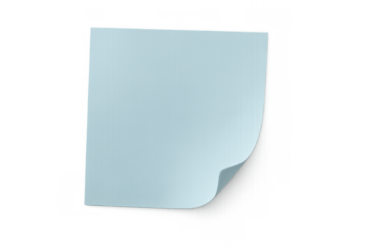 Blue sticky note blank memo paper with a curled corner for reminders and important messages on a transparent background