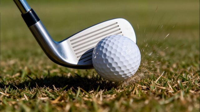 A close-up shot captures a golf club iron striking a ball on the short grass, showing the moment of impact and concentration. - Powered by Adobe