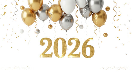 Happy New Year 2026 Gold Glitter Text and Balloons Isolated Cutout Transparent PNG
