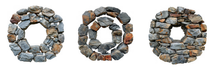 Three stone circles, each crafted from different types of rocks, isolated on transparent background, showcasing unique textures and construction styles