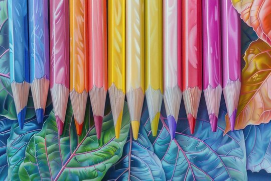 Colorful pencils arranged on a background of lush tropical leaves, creating a vibrant and artistic scene