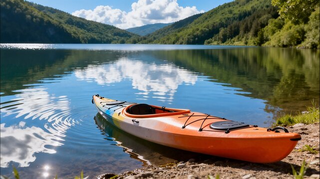 A bright orange and yellow kayak rests at the edge of a serene mountain lake, reflecting the surrounding green hills and blue sky.