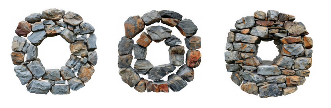 Three stone circles, each crafted from different types of rocks, isolated on transparent background, showcasing unique textures and construction styles