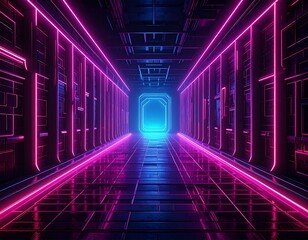 Futuristic tunnel with neon pink and blue lighting, creating a vibrant, high-tech aesthetic