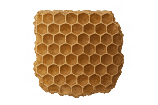 Natural honeycomb texture on transparent background, detailed hexagonal patterns creating a structured organic wax surface