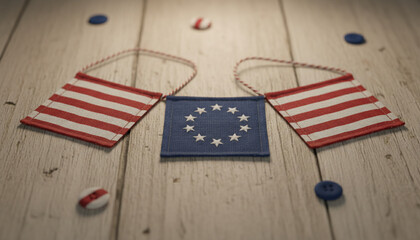 European Union flag flanked by American flags on a wooden surface, with scattered decorative elements.