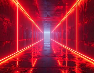 Futuristic tunnel with red neon lights, leading to a bright, ethereal glow at its end