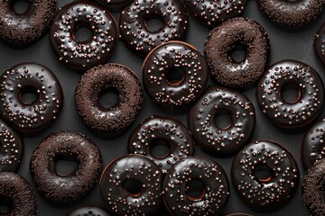 Fototapeta premium Chocolate donuts with sprinkles arranged on a dark background, creating an appealing visual for bakery, dessert, or food related themes