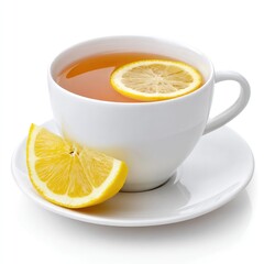 Refreshing hot beverage concept with lemon slice in ceramic cup isolated on white background for beverage design and tea lovers