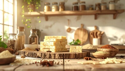 Stacked swiss cheese amid kitchen ingredients