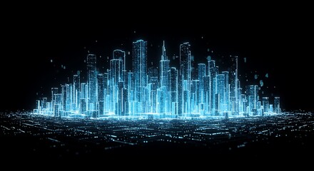 Futuristic urban skyline, rendered in glowing blue particles against a dark, cosmic background