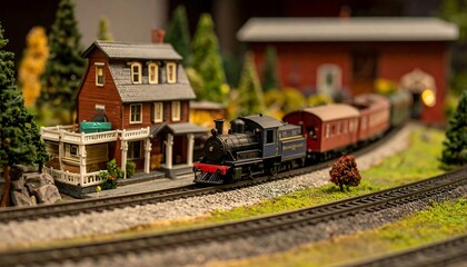Miniature train set with a blue locomotive, red passenger cars, and a quaint, small brown house scene