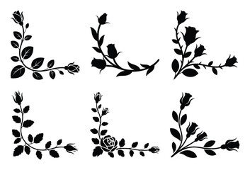 Black silhouettes of rose floral corners and border decorations for elegant designs.