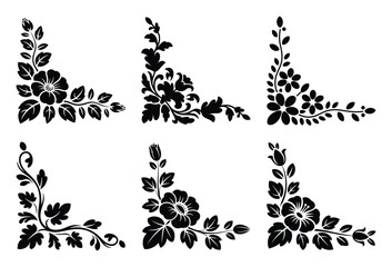 Elegant black floral corner ornaments set, vintage decorative swirl flourishes collection