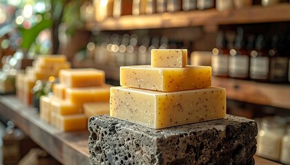 Artisanal soaps stacked on display stone