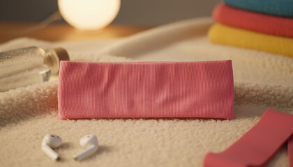 Pink headband centered on a textured surface with wireless earbuds, water bottle and other fitness bands in the background.