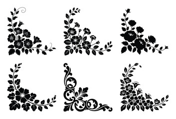 Elegant black floral corner design elements set for decorative vector graphics and frames