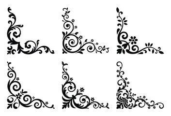 Set of six ornate floral corner design elements for decorative frames and borders.
