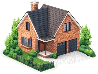 A beautifully rendered illust n of a classic brick suburban home featuring a prominent gabled roof double garage manicured garden and decorative