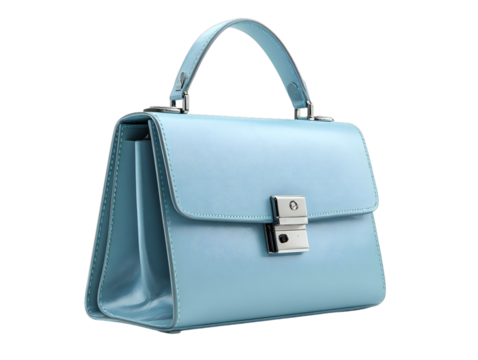Blue leather top-handle handbag with silver lock, elegant women’s fashion purse isolated on transparent background