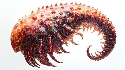 A bizarre segmented alien like organic creature with textured red orange skin and numerous tentacles isolated on white
