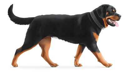 A black and tan Rottweiler dog walks confidently in profile against a clean white background depicted as a illust n