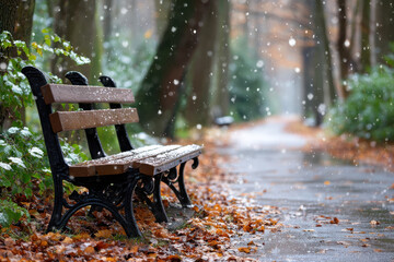 Empty park bench during a light snowfall