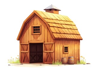 A charming wooden barn with open doors and a shingled roof set against a white background with small barrels