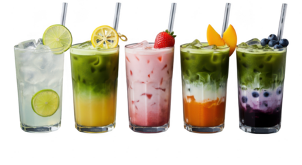 A vibrant array of refreshing fruitinfused drinks, isolated on transparent background, each glass showcasing a unique blend of colors and flavors, perfect for a summer refreshment