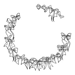 Elegant ribbon bow knots forming round wreath in crescent semicircle shape. Vector isolated illustration hand drawn in pen and ink. Valentine label, celebration border, gift wrapping tag design.