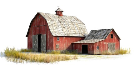 A classic weathered red wooden barn with open double doors set in dry grass against a white background