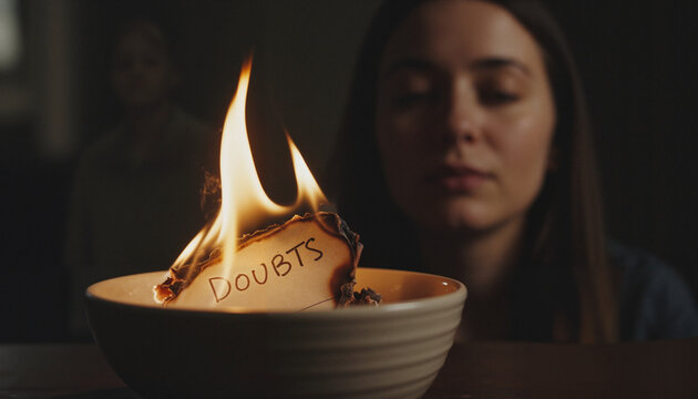 Burning Doubt: A Ritual of Letting Go. A piece of paper with the handwritten word "Doubt" burns in a ceramic bowl, illuminating a woman's face.