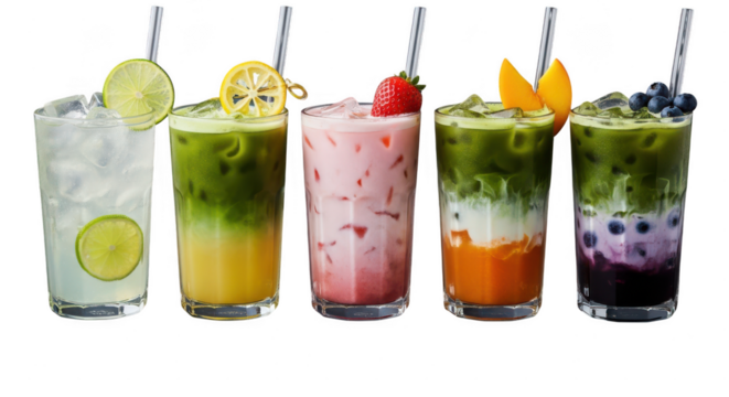 A vibrant array of refreshing fruitinfused drinks, isolated on transparent background, each glass showcasing a unique blend of colors and flavors, perfect for a summer refreshment