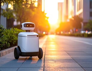 Futuristic white delivery robot on a sidewalk in a city, illuminated by a golden sunset