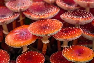 Fototapeta premium Vibrant red and orange fly agaric mushrooms with distinctive white spots create a captivating scene in a natural forest setting