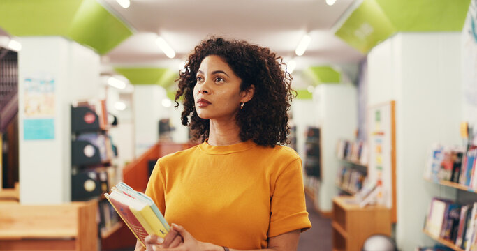 Woman, teacher and thinking with books in library for search, bookshelf assessment and education. Person, walk and decision for language, learning resources and literature of knowledge development