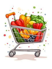 A colorful shopping cart filled with fresh fruits and vegetables on a white background