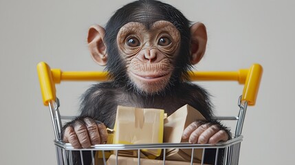 A cute baby chimpanzee sits in a shopping cart filled with brown paper bags and boxes