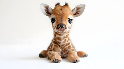 A cute baby giraffe with large eyes lying down on a clean white studio background