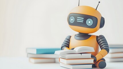 A cute orange robot is learning by reading an open book surrounded by stacks of books