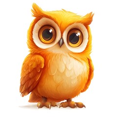 A cute stylized cartoon owl with large expressive eyes rendered in warm orange and yellow tones stands on a clean white background