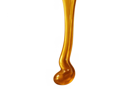 Golden liquid stream pouring with a viscous drip against a transparent background, flowing sweet honey or syrup texture