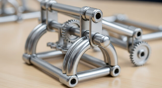Close-up of a metal construction set model featuring gears, rods, and connectors, showcasing mechanical design and engineering principles. - Powered by Adobe