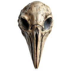 A detailed bird skull mask with an ancient weathered appearance isolated on a white background