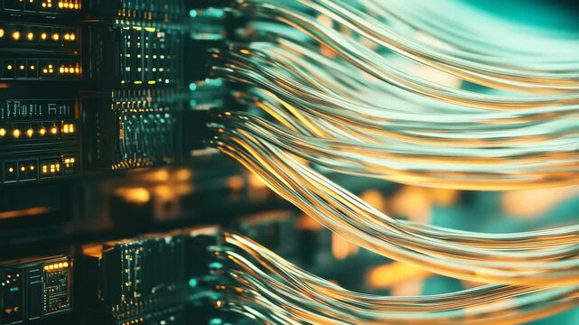 Wires and circuit boards connect in a data center, creating a vibrant display of lights and reflections. The scene highlights the complexity of server technology operating at night. - Powered by Adobe