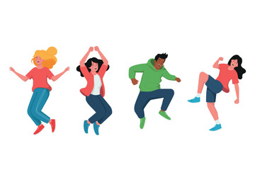 Diverse flat style illustration of happy people jumping together in joyful poses, showing fun, positivity, unity, and celebration, perfect for lifestyle, youth, teamwork, and community themes.