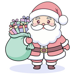 Adorable kawaii style cartoon Santa Claus standing and holding a big bag overflowing with Christmas presents. Vector illustration isolated on white background.