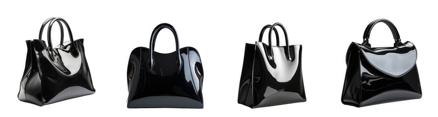 Naklejka premium Four shiny black patent leather handbags isolated on transparent background, a stylish accessory for any fashionconscious woman