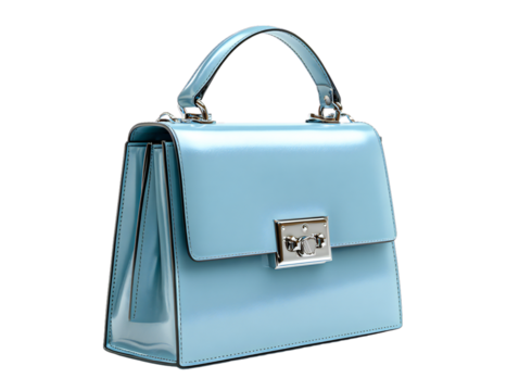 Blue leather top-handle handbag with silver lock, elegant women’s fashion purse isolated on transparent background